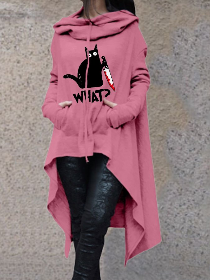 Women's Halloween Fun Black Cat Print Hooded Long Top