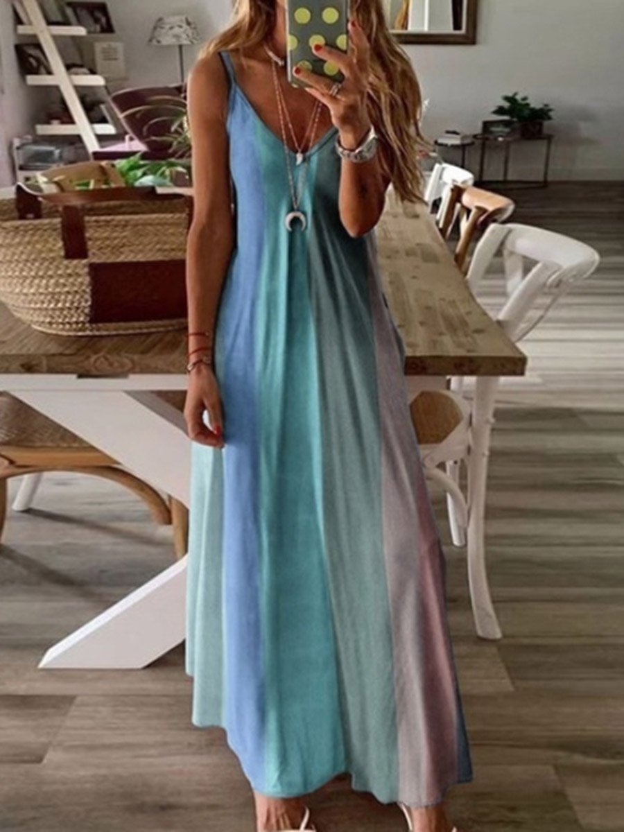 V-Neck Straps Color Block Maxi Dress