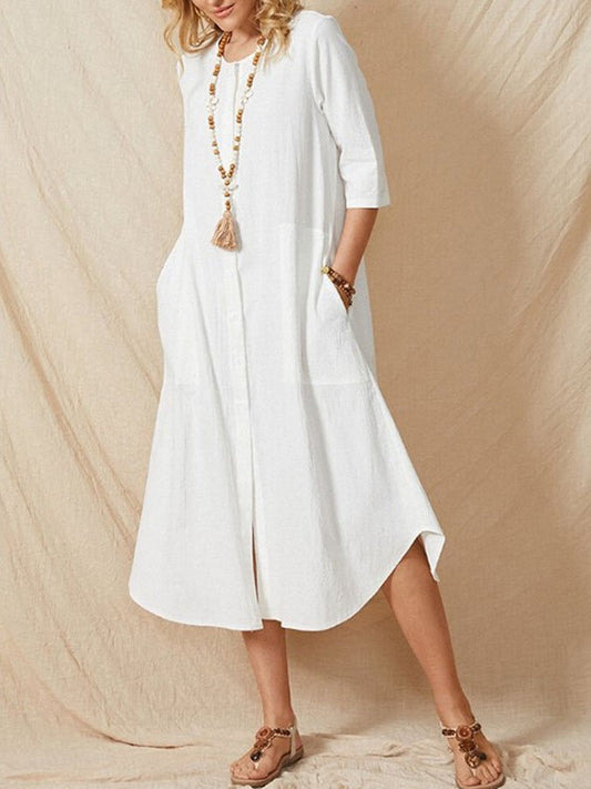 Cotton Linen Cardigan Pocket Dress
