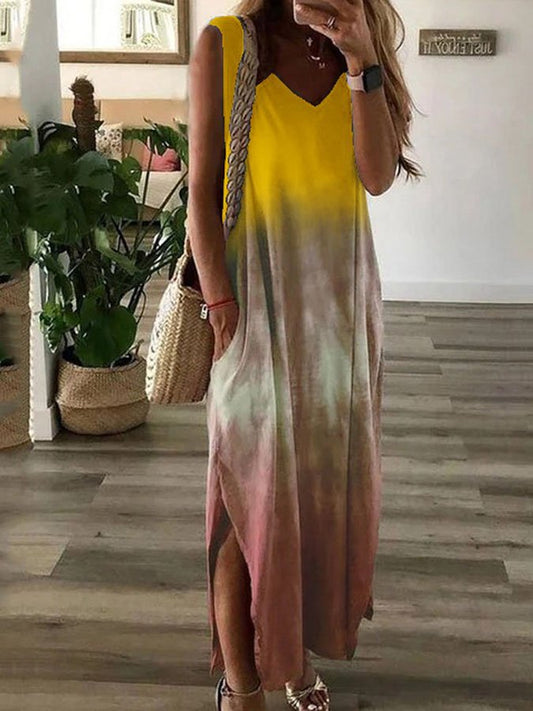 Gradient Tie-Dye Print Sleeveless Maxi Dress