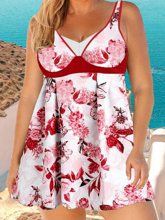 Floral Print Cool Shoulder String Plus Size Swimwear Dress