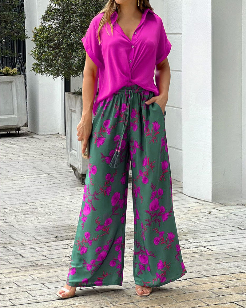Short Sleeve Button Top Drawstring Print Pants Two Piece Set