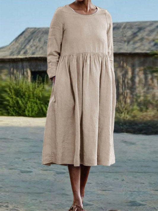 Solid Color Crew Neck Cotton Linen Dress