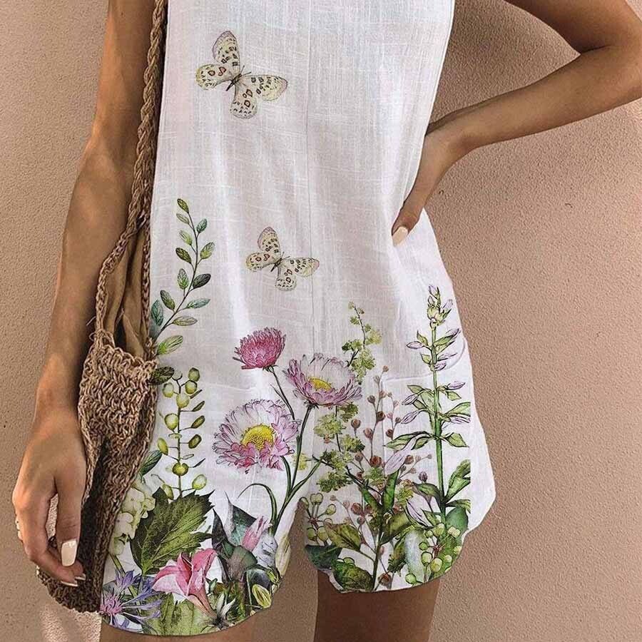 Women's Butterfly Floral Print Cotton Linen Jumpsuit