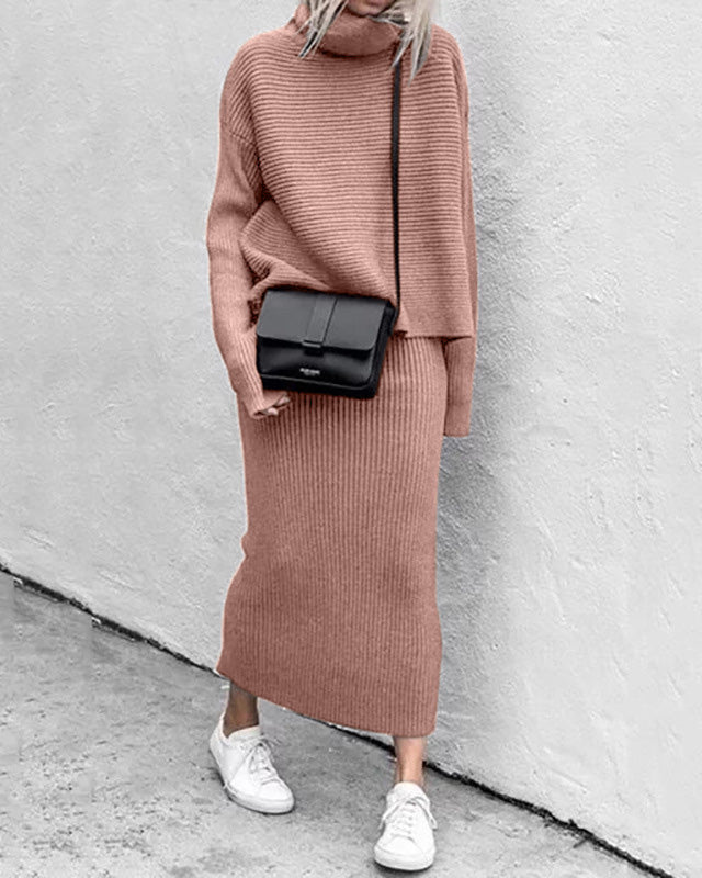 Fashion solid color turtleneck knitted skirt suit two-piece set