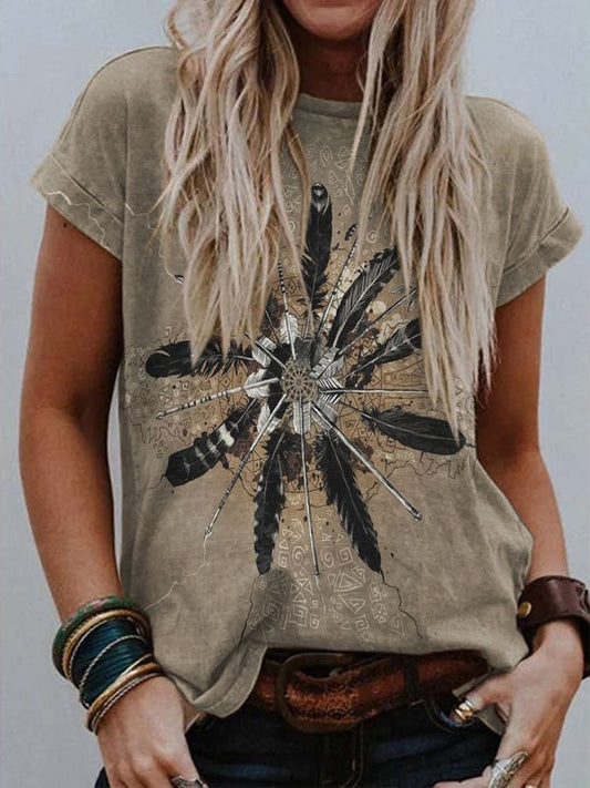 Vintage Feather Print Short Sleeve T-Shirt