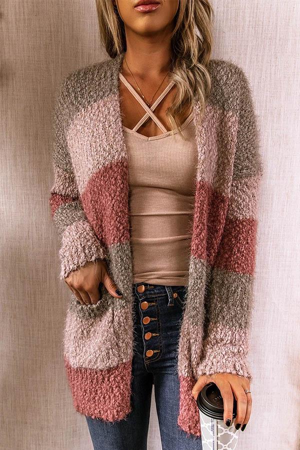 Color-block Striped Jacquard Open Front Fuzzy Paneled Pockets Cardigan