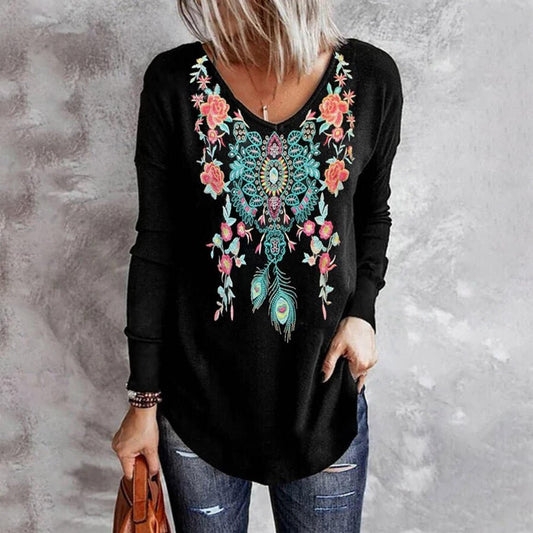 Ladies Casual Vintage Western V-Neck Print Long-Sleeved Top