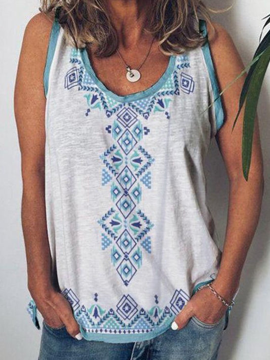 Printed Round Neck Sleeveless Loose T-Shirt