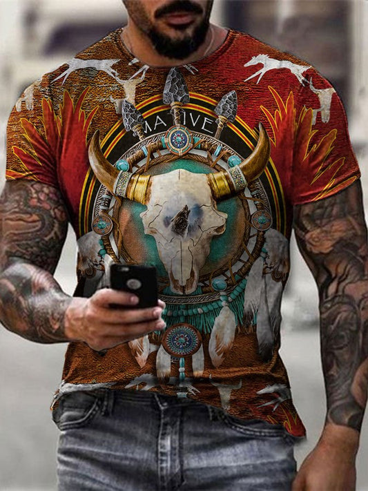 Men's Western Bone Print Crew Neck Short Sleeve T-Shirt