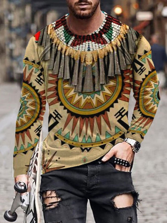 Men's Western Ethnic Print Long Sleeve Crew Neck T-Shirt