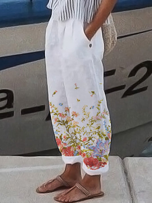 Women's Cotton Linen Floral Print Lounge Pants