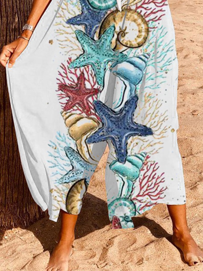 Sea Life Print Suspender Jumpsuit