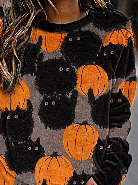 Pumpkin Black Cat Print Sweatshirt