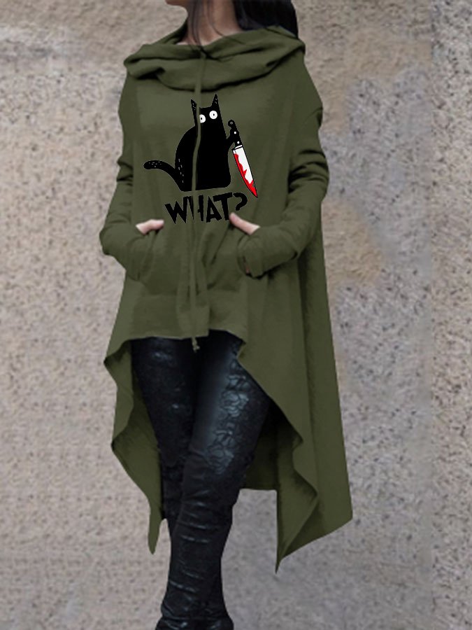 Women&#039;s Halloween Fun Black Cat Print Hooded Long Top