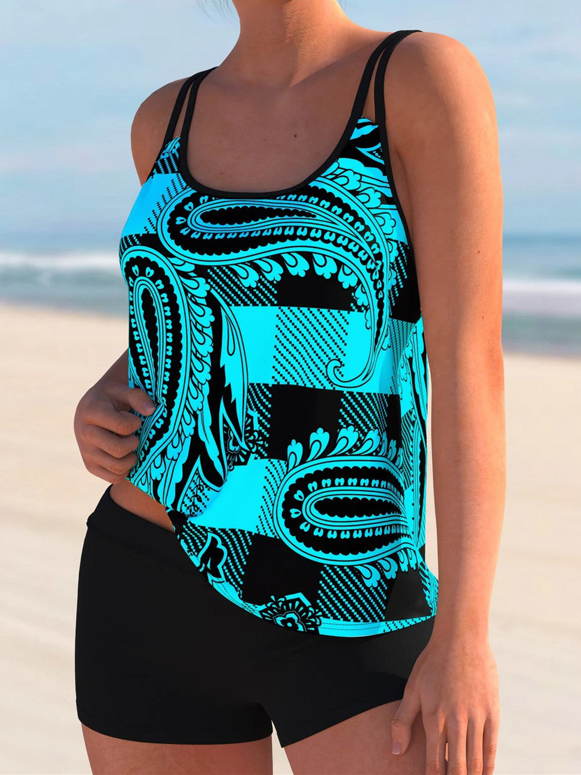 Spaghetti Strap Plaid And Paisley Print Tankini Set