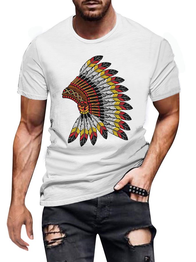 Men's Indian Head Western Print Crew Neck Short Sleeve T-Shirt