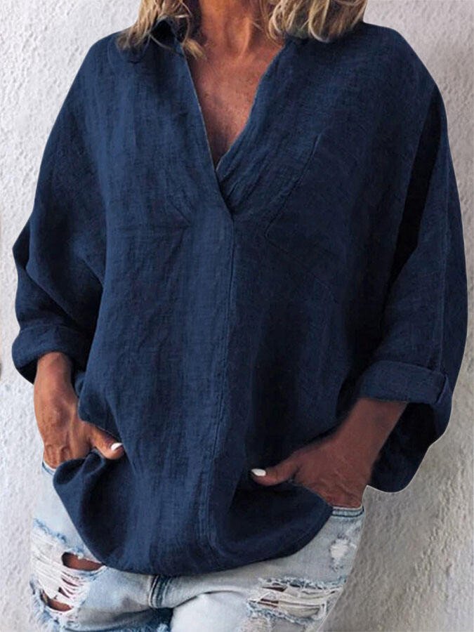 Solid Color V-Neck Long Sleeve Shirt