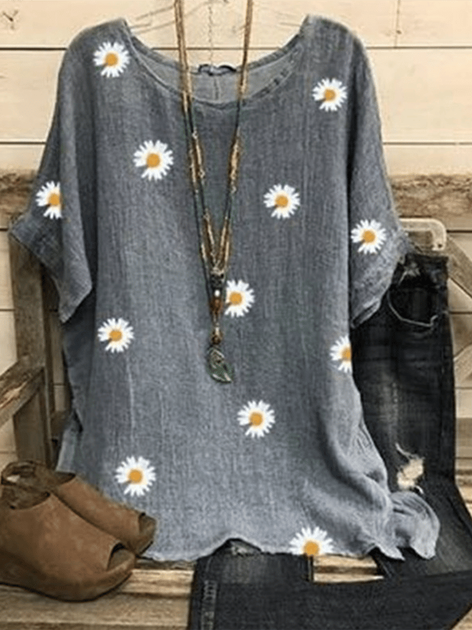 Women's O-neck Daisy Floral Casual Shirt