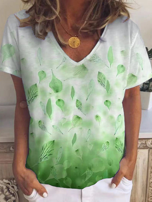 Women's Leaf Floral Print V-Neck Short Tee