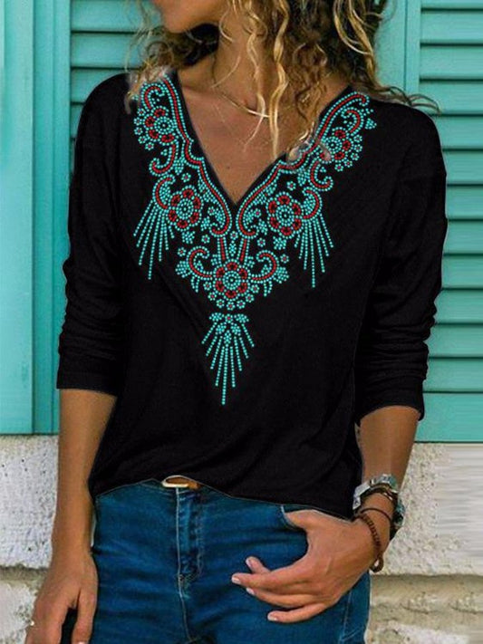 Ethnic Print V-Neck T-Shirt