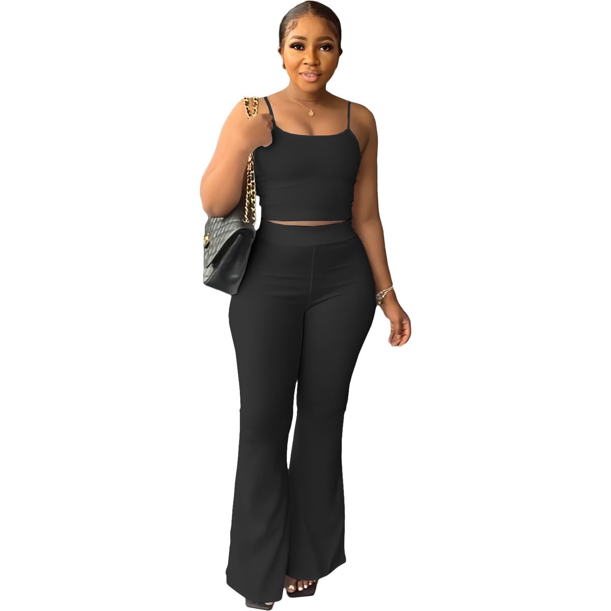 European and American solid color suspenders flared pants suit