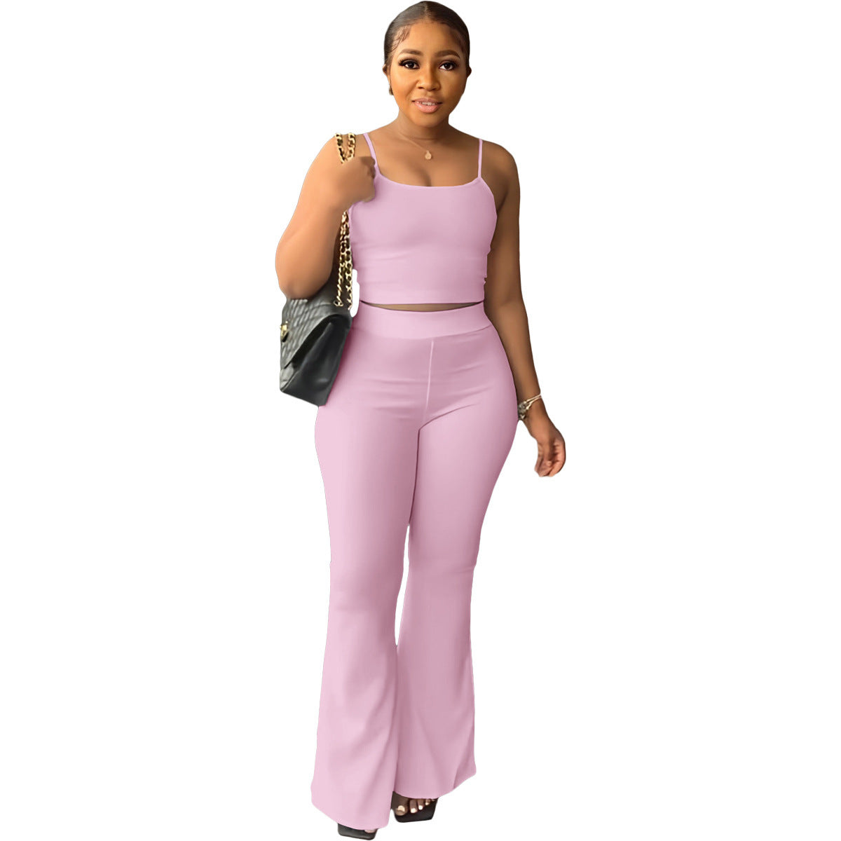 European and American solid color suspenders flared pants suit