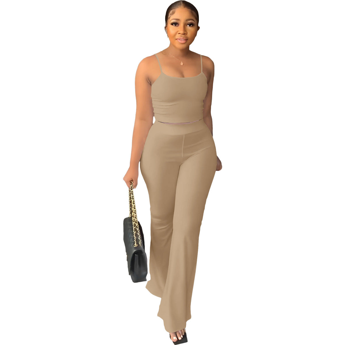 European and American solid color suspenders flared pants suit