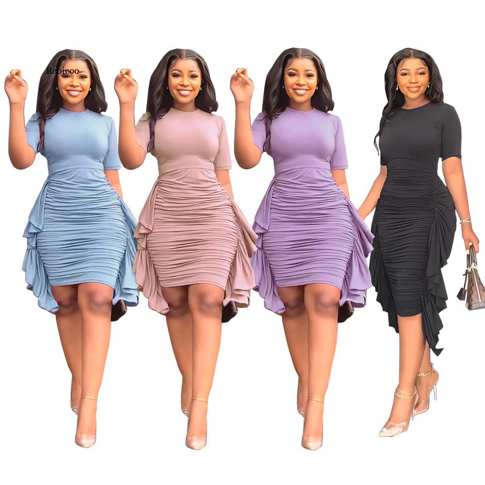 Elegant Office Lady Summer  Ruffles Decor O-Neck Short Sleeve Mid Waist Slim Hips Dress