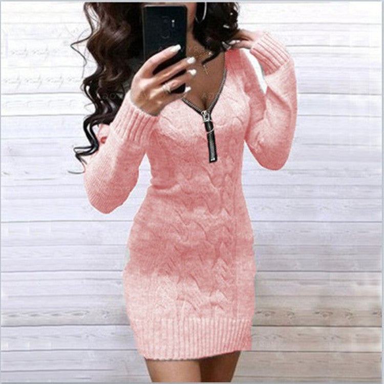 Solid Sweater V-Neckline Above Knee Bodycon Dress