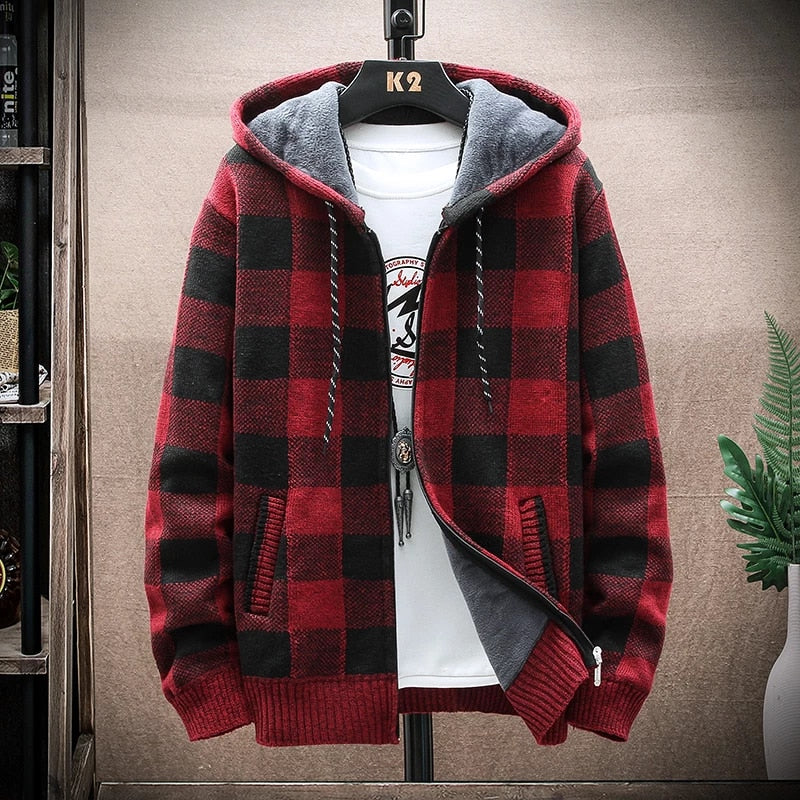 2022 Autumn Men's Cardigan Knitted Sweater Coat Grid Jacket
