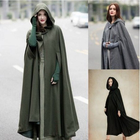 Women Hooded Style Ankle Length Woolen Long Cloak Loose Sleeveless Coats