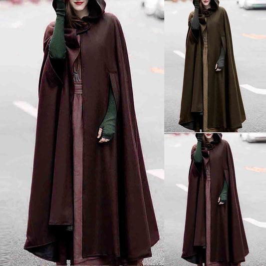 Women Hooded Style Ankle Length Woolen Long Cloak Loose Sleeveless Coats