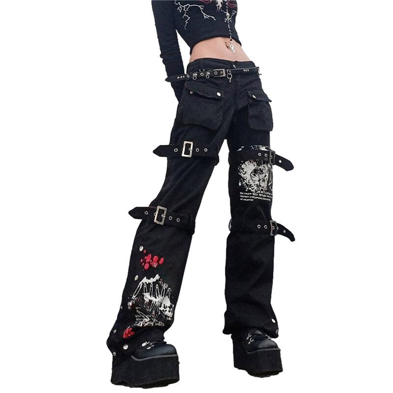 Street trendy cool style printed metal buckle denim drape trousers