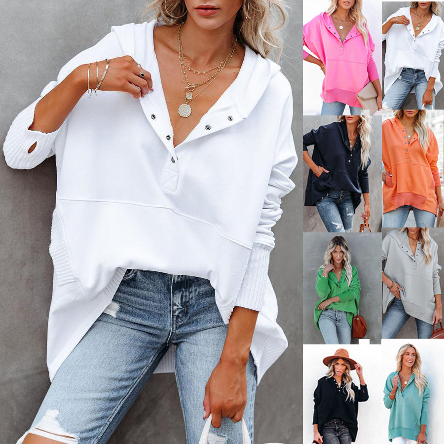 Flornana Casual Solid Pocket Buckle Hooded Collar Tops