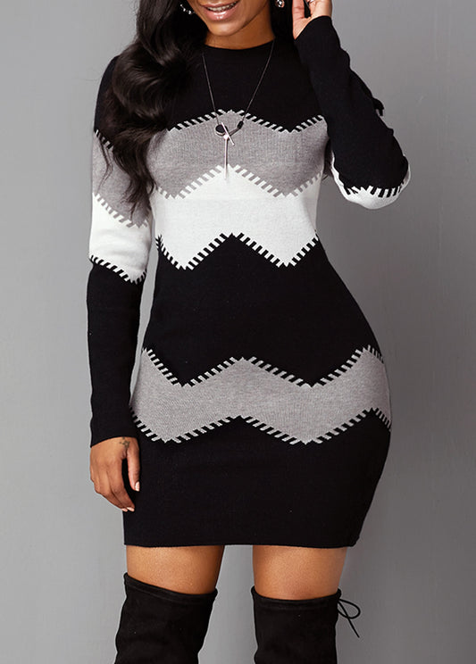 Mock Neck Long Sleeve Chevron Pattern Sweater Dress