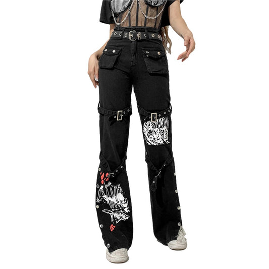 Street trendy cool style printed metal buckle denim drape trousers