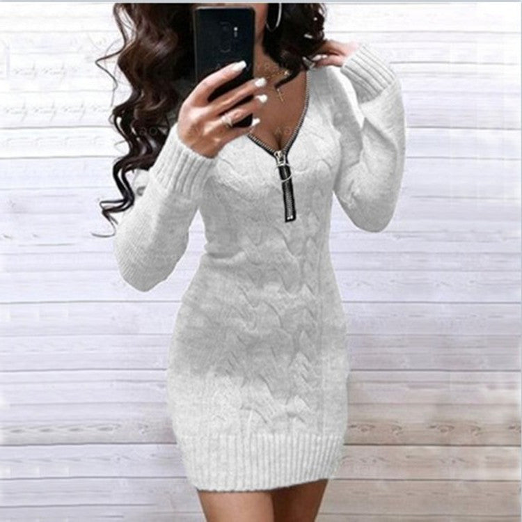 Solid Sweater V-Neckline Above Knee Bodycon Dress