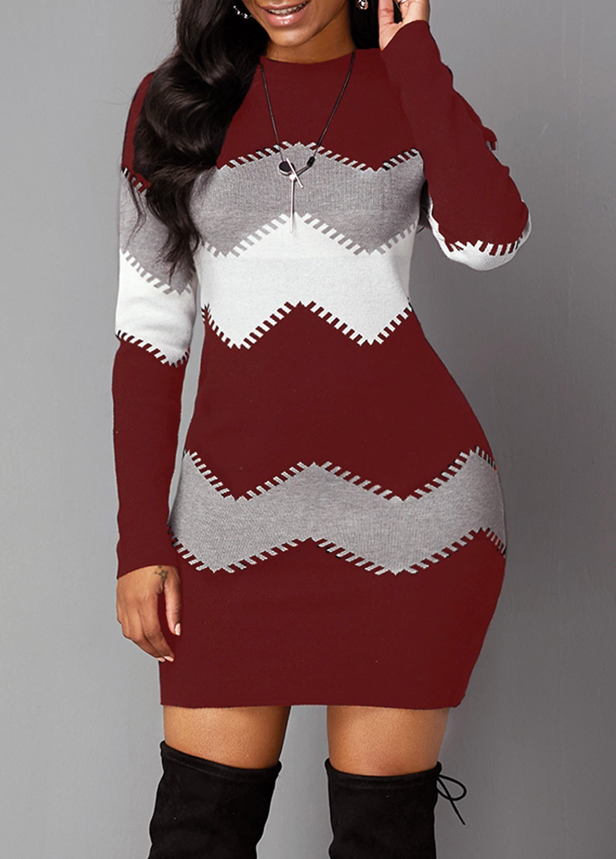 Mock Neck Long Sleeve Chevron Pattern Sweater Dress