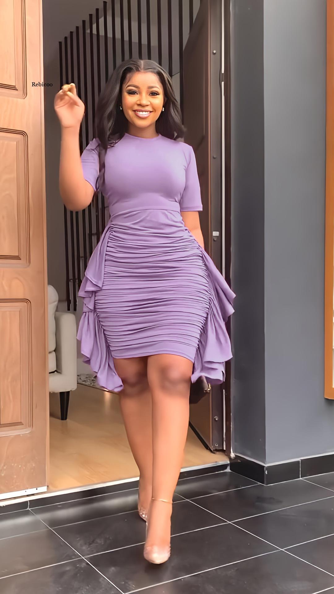 Elegant Office Lady Summer  Ruffles Decor O-Neck Short Sleeve Mid Waist Slim Hips Dress