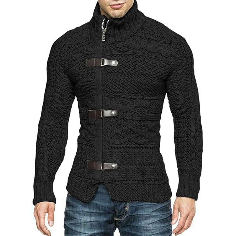 2022 autumn/winter turtleneck sweater men's color matching leather button long-sleeved knitted cardigan