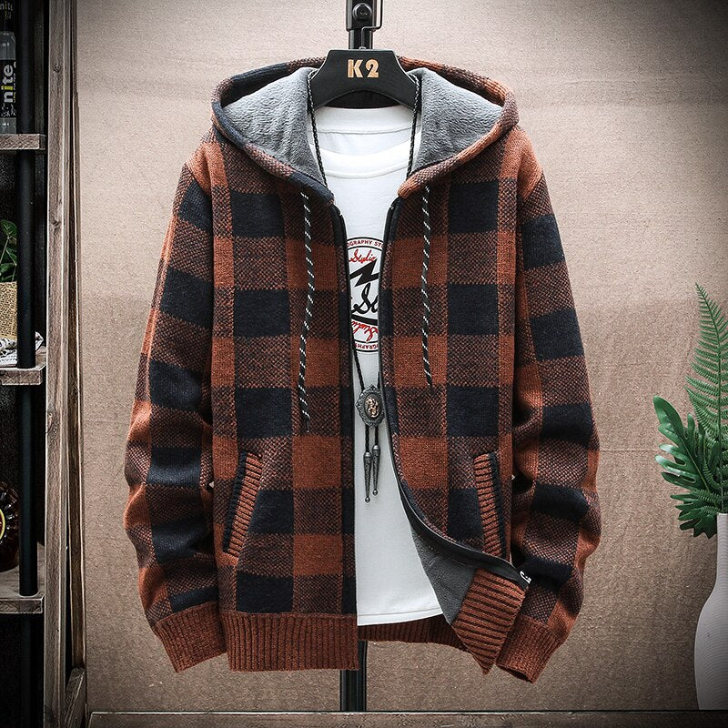 2022 Autumn Men's Cardigan Knitted Sweater Coat Grid Jacket