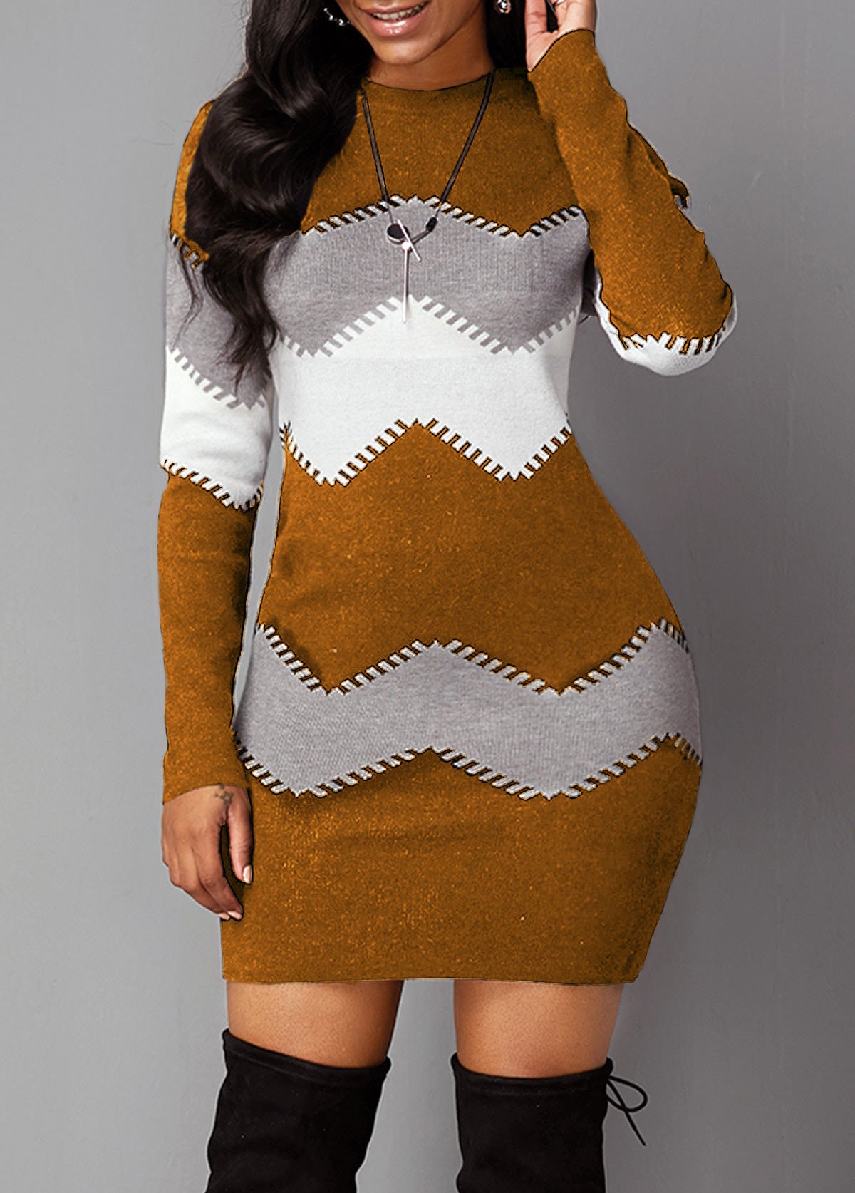 Mock Neck Long Sleeve Chevron Pattern Sweater Dress