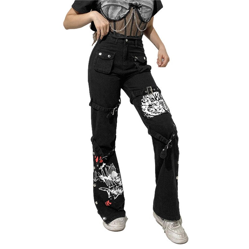 Street trendy cool style printed metal buckle denim drape trousers