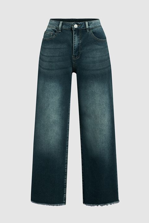 Tall Washed Raw Hem Mid Waist Wide Leg Jeans