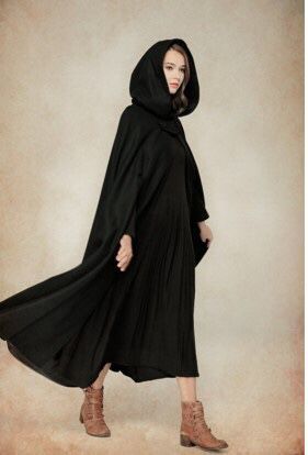 Women Hooded Style Ankle Length Woolen Long Cloak Loose Sleeveless Coats