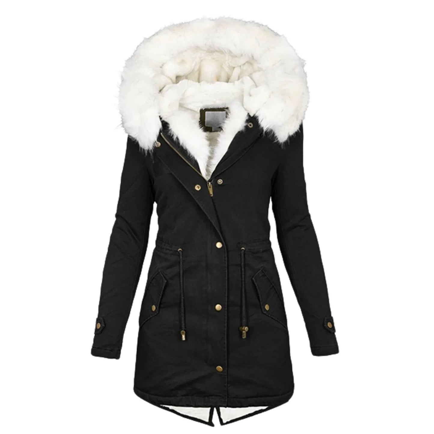 Winter fur collar hooded warm fleece women's coat