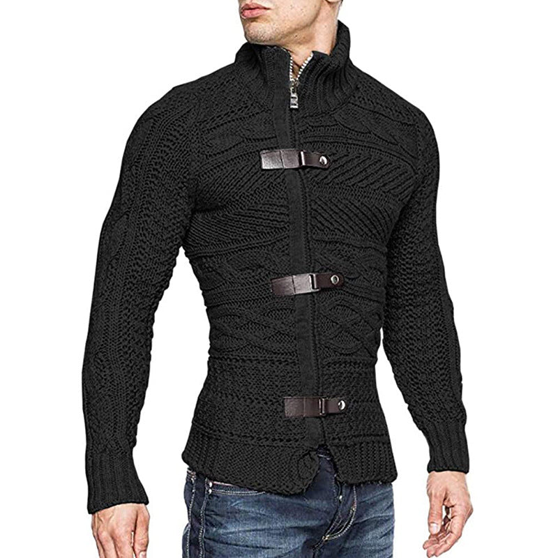 2022 autumn/winter turtleneck sweater men's color matching leather button long-sleeved knitted cardigan