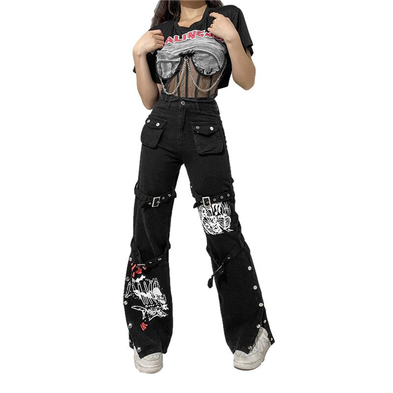 Street trendy cool style printed metal buckle denim drape trousers