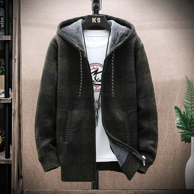 2022 Autumn Men's Cardigan Knitted Sweater Coat Grid Jacket